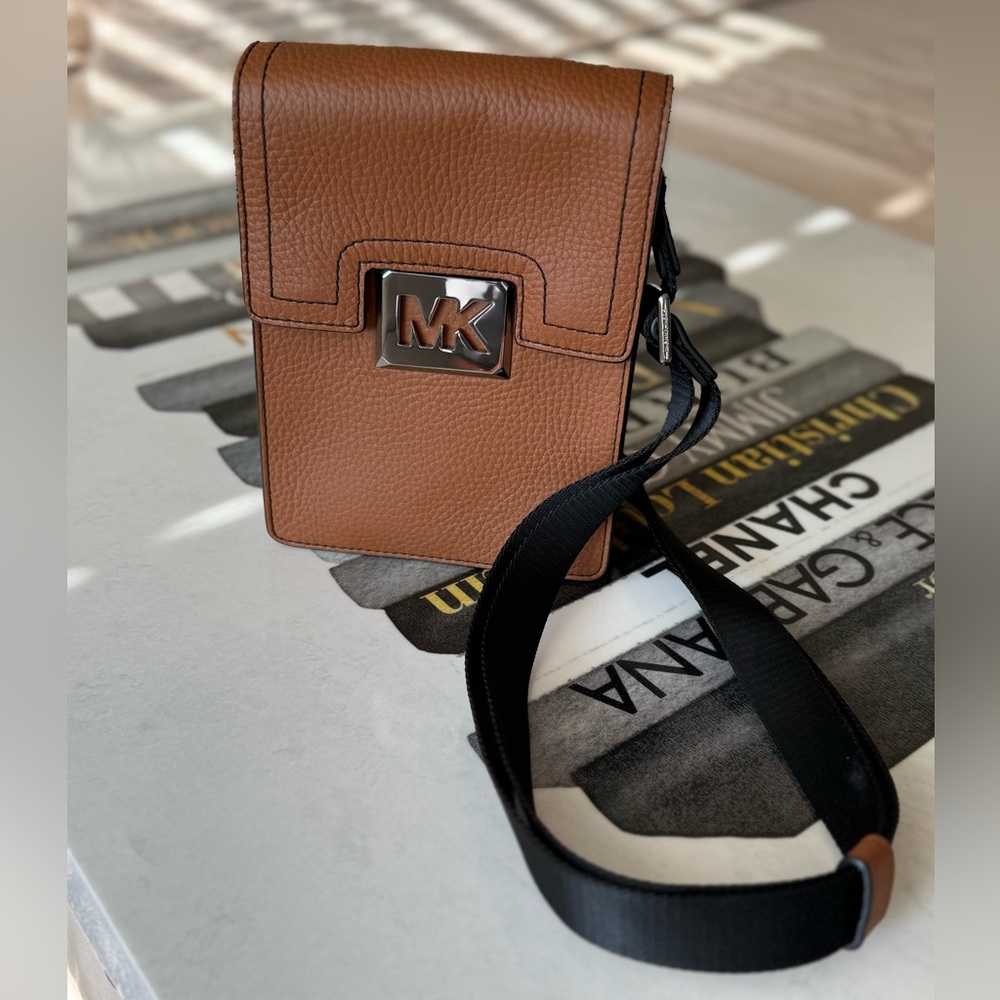 Michael Kors Tan Pebbled Leather Messenger Bag with Black Strap